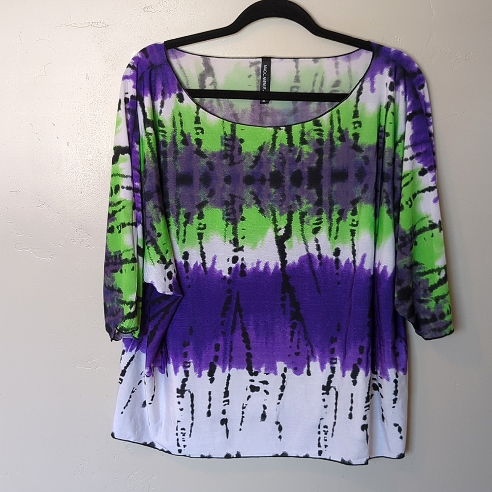 Magic Avenue Green & Purple Boxy Fit Paint Splash Quarter Sleeve Shirt‎ M